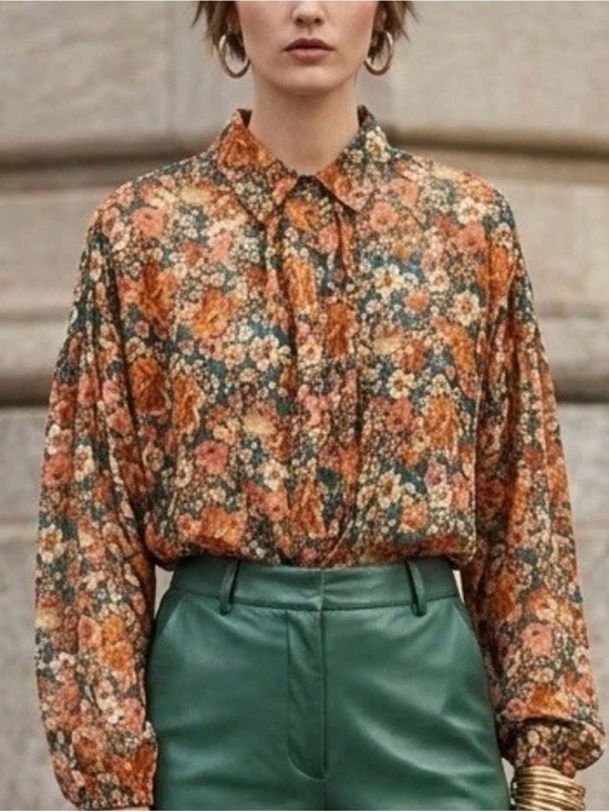 Sadie & Sage Pants - Sadie & Sage Earthy Floral Lame Stripe Button Down LongSleeve Bodysuit Blouse XS